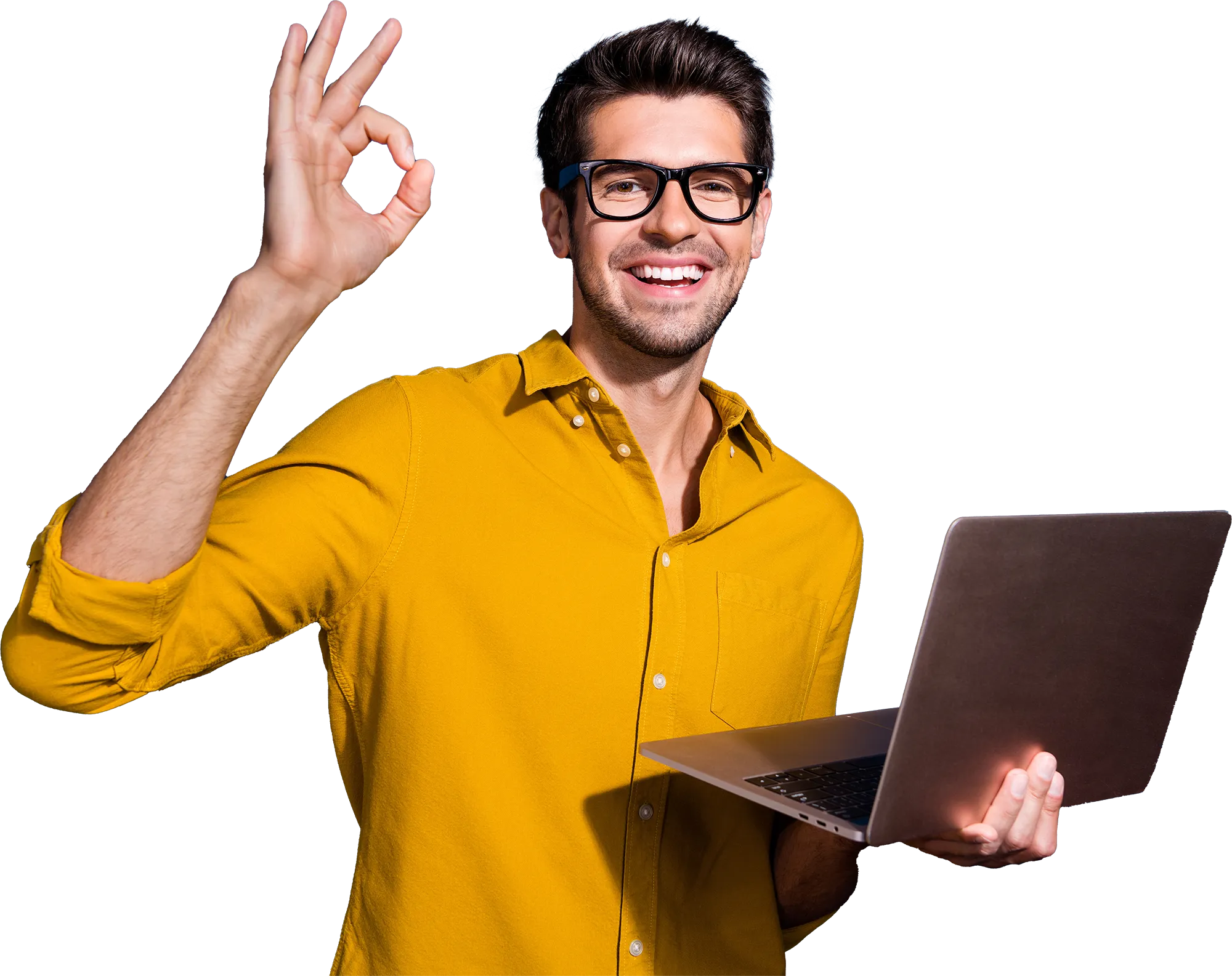 Eine Person hält einen Laptop und zeigt "OK" mit seinem Finger