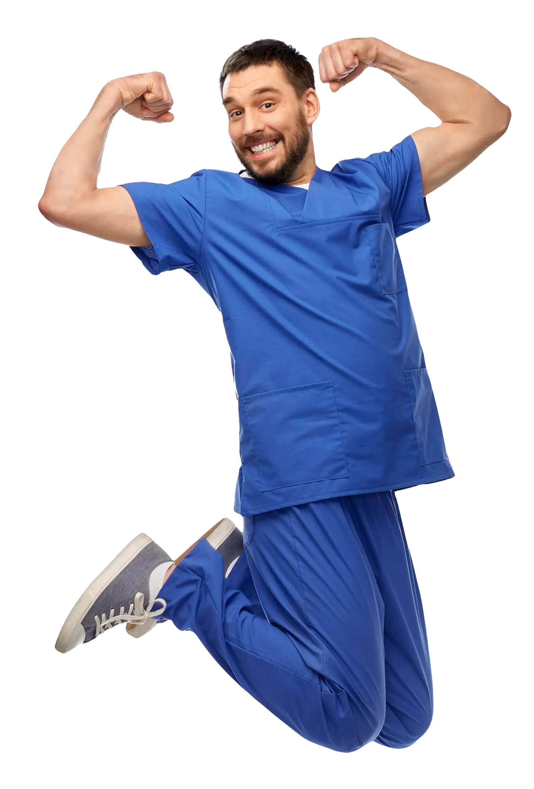 Gesundheitswesen, Beruf und Medizin – glücklicher, lächelnder Arzt oder männliche Pflegekraft in Uniform springt in die Luft.